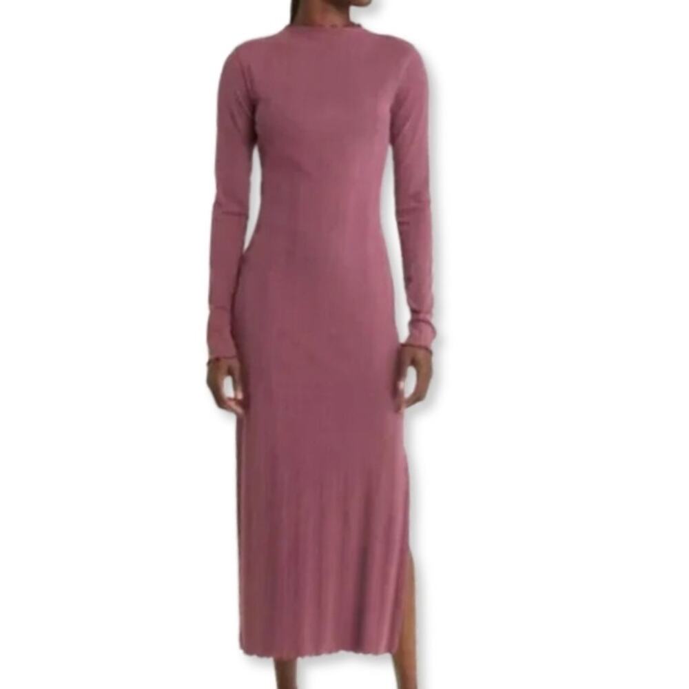 Treasure & Bond Midi Dress Bodycon Lettuce Edge Long Sleeve Burgundy W XXS NWOT